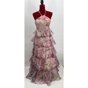 SPEECHLESS Juniors' SZ 15 Fuschia Gray Floral Tiered Halter Maxi Dress NWT B26